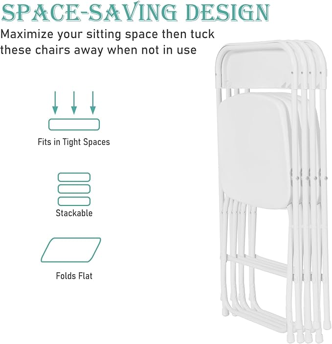 60 Pack Plastic White Folding Chairs, Portable Stackable Commercial Party Folding Chairs with Steel Frame 350lbs for Home Office Outdoor Indoor Office Wedding Party Event
