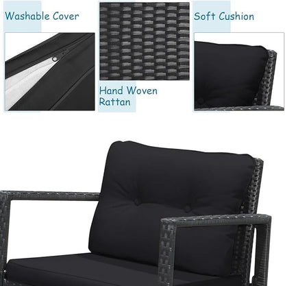 COSTWAY 3 Pieces Patio Rattan Rocking Chair Set, Outdoor Conversation Furniture Sets with Coffee Table, Storage Shelf and Cushions, Modern Bistro Set for Porch, Backyard, Garden, Black