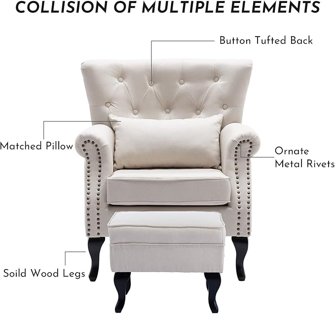 Accent Reading Arm Chairs with Ottoman for Living Room Bedroom, Midcentury Modern Comfy Corner Sofa Chair, Wingback Waiting Room Club Chair with Button Tufted Back &Lumbar Pillow, Linen Beige