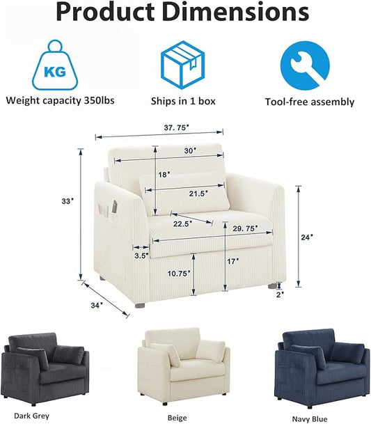 Modern Corduroy Accent Chairs, 38" W Comfy Armchair with Soft Pillows and Side Pockets, Single Reading Chairs for Living Room, Bedroom, Apartment, Beige