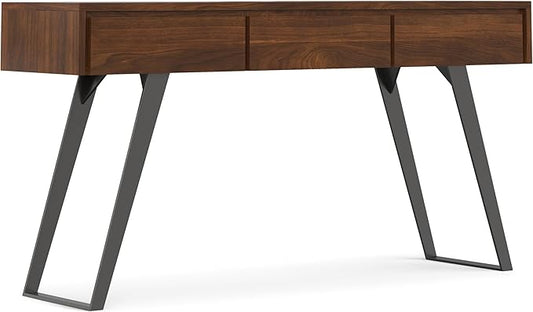 SIMPLIHOME Lowry Console Table - 60 Inch Wide Solid Walnut Veneer and Metal Sofa Table, Modern Industrial Storage Table for Entryway or Living Room with 3 Drawers and Angled Metal Legs