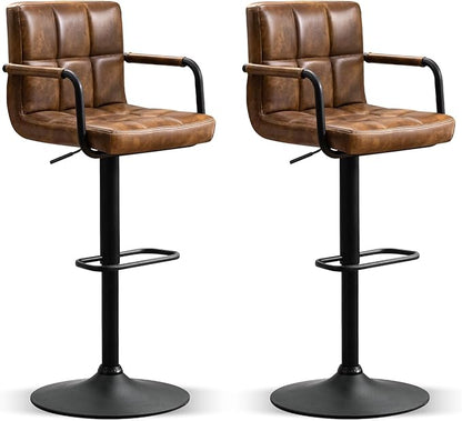 Furniliving Bar Stools Set of 2 with Back, Modern Square PU Leather Kitchen Stools with Armrest, Adjustable Counter Height Barstools for Kitchen Bar Pub Cafe (Yellowbrown)