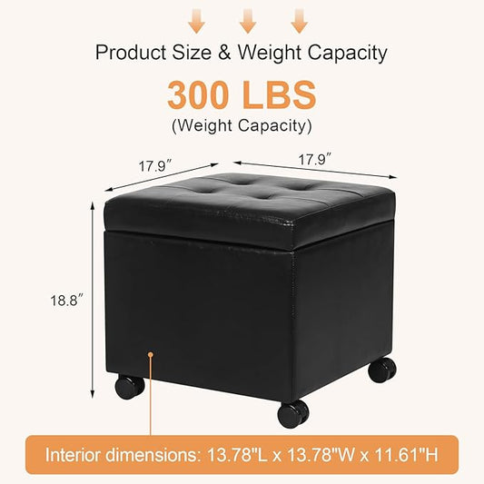 Adeco Modern Leather Ottoman with Wheels, 18.8" Black Square Rolling Ottoman with Storage, Upholstered Button Tufted Vanity Stool with Hinged Lid for Living Room, Bedroom, Dorm