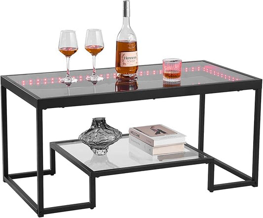 VEVOR Coffee Table, Modern Tempered Glass Coffee Table with Lighting, 2 Tiers Rectangle Glass Center Desk with Open Storage, Minimalist Metal Accent End Desk for Living Room, Office, Easy Assembly