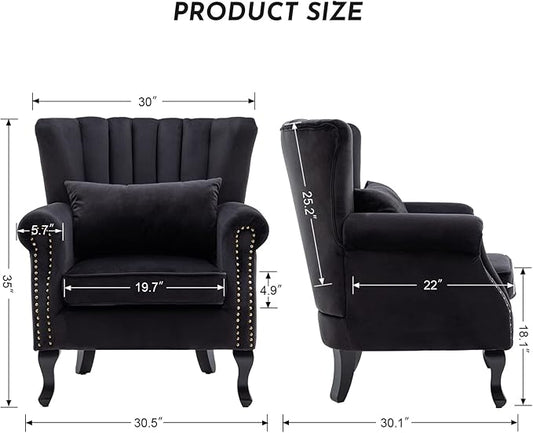 Accent Reading Arm Chairs Midcentury Modern Comfy Corner Sofa Chair, Wingback Waiting Room Club Chair with Tufted Back for Living Room/Bedroom/Reception Room, Velvet Black