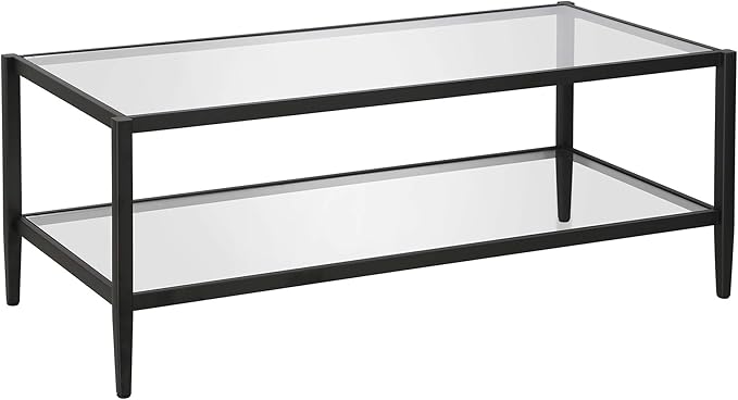 Henn&Hart 45" Wide Rectangular Coffee Table with Glass Shelf in Blackened Bronze, Modern coffee tables for living room, studio apartment essentials