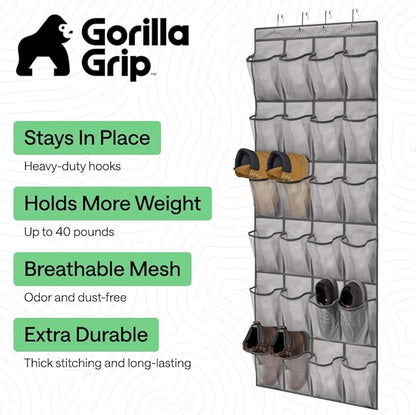 GORILLA GRIP Over the Door Shoe Organizer, 24 Extra Large Breathable Mesh Pockets, Space Saving Hanging Storage Holder, 4 Hook Closet Rack Hanger, Hangs on Closets for Shoes and Accessories, Gray