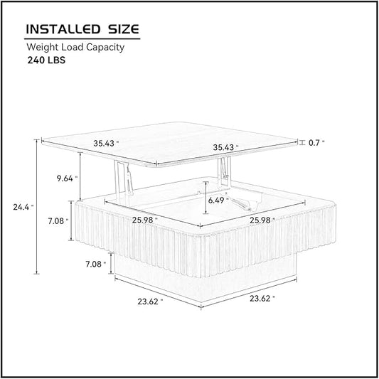 Square Lift-top Coffee Table for Living Room, Fluted Coffee Tables with Hidden Storage, Solid Wood Veneered Modern Tea Center Table for Small Space Apartment (Walnut-35.43''D×14.57''H)