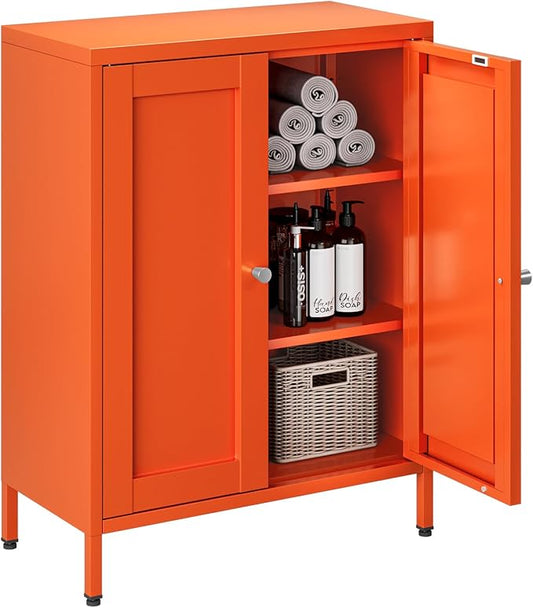 Small Bathroom Storage Cabinet, Metal Sideboard with 2 Doors and 2 Adjustable Shelves, Orange Floor Locker Cabinet 12" Shallow Storage Lockers for Bathroom, Living Room, Hallway, Entryway