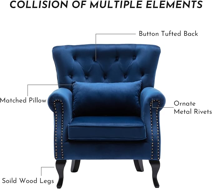 Accent Reading Arm Chairs Set of 2 for Living Room Bedroom, Midcentury Modern Comfy Corner Sofa Chair, Wingback Waiting Room Club Chair with Button Tufted Back &Lumbar Pillow, Velvet Blue