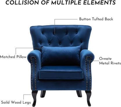 Accent Reading Arm Chairs Set of 2 for Living Room Bedroom, Midcentury Modern Comfy Corner Sofa Chair, Wingback Waiting Room Club Chair with Button Tufted Back &Lumbar Pillow, Velvet Blue