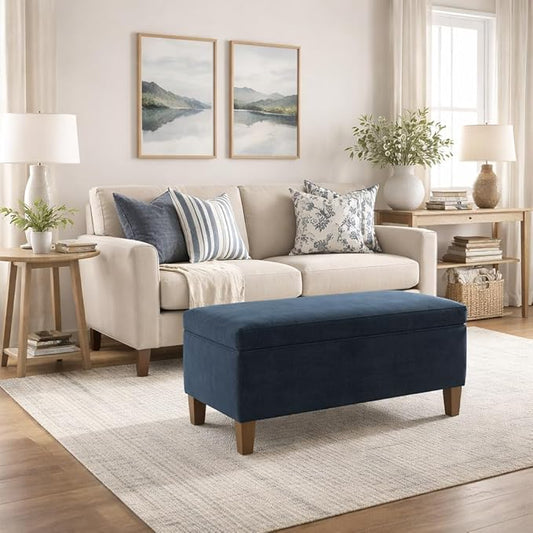 HomePop Large Upholstered Rectangular Storage Ottoman Bench with Hinged Lid, Navy