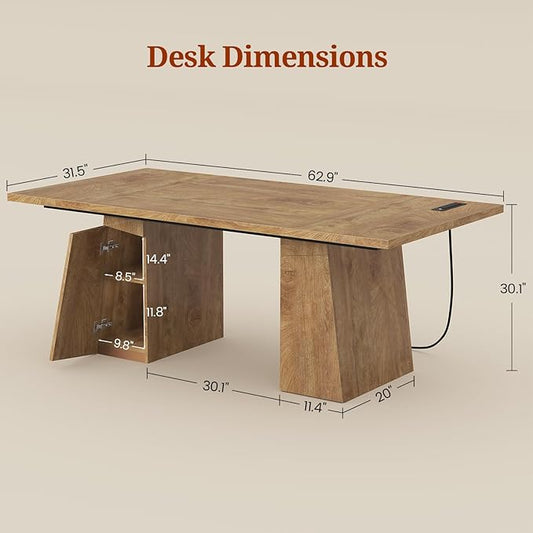 63 in Executive Desk with Power Outlets, Modern Home Office Desk with Storage Cabinet, Wood Computer Desk Business Workstation Desk Conference Table (Oak)