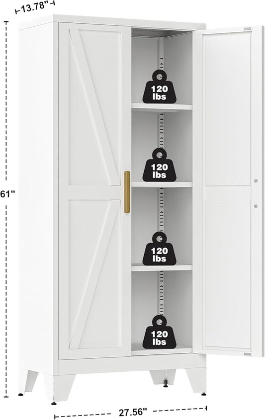 Large Metal Kitchen Pantry Cabinet with Adjustable Shelves - Freestanding Kitchen Storage Cabinet for Dining Room,Livingroom Bathroom, Hallway, Workshop, Office (White, 61"- 0 Drawer)