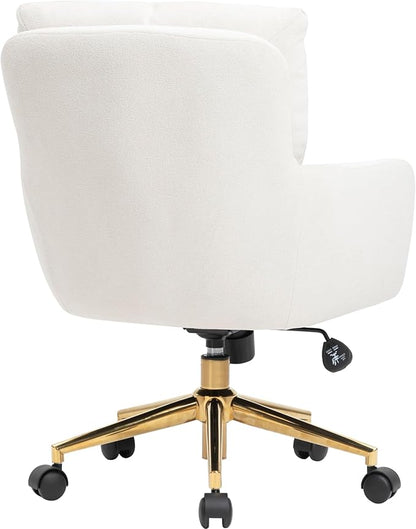 Plush Fabric Office Chair Vanity Chair Comfy Home Office Desk Chairs with Lumbar Support, Modern Plush Fabric Desk Gold Legs Swivel Task for Home Office Bedroom Study White Upgraded Version