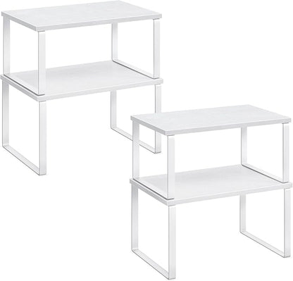 SONGMICS Cabinet Organizer Shelf, Set of 4 Kitchen Counter Shelves, Kitchen Storage, Spice Rack, Stackable, Expandable, Metal and Engineered Wood, Cloud White and Snow White UKCS027W01