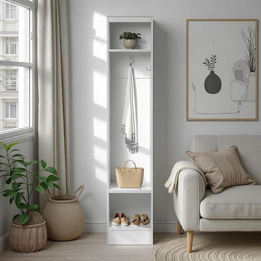 Prepac Narrow Coat Rack Freestanding Hall Tree with 3 Hooks, Entryway Furniture for Coat and Shoe Storage, Entryway Organization with an Adjustable Shelf, 14.75"W x 72.5"H x 15.5"D, White