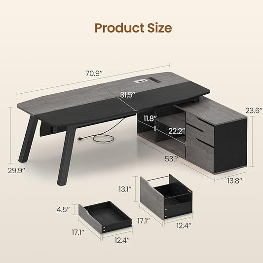 SEDETA 71" Executive Desk with File Cabinet, Large Office Desk with Drawers and Shelves, L Shaped Computer Desk with Power Outlets, Business Furniture Desk Workstation for Home Office, Gray