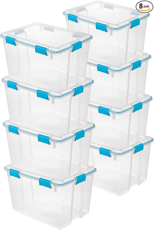 Sterilite 8-Pack Gasket Box, Weather-Resistant Storage Bins with Latching Lids, 80 Quart - Heavy-Duty Organizing Containers for Closet, Bathroom, and Office
