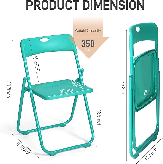 Karl home 10 Pcs Folding Chair, 300LBS Lightweight Foldable Plastic Chair, Reinforced Metal Frame Easy to Fold & Store for Indoor & Outdoor, Wedding, Party, Meeting Room, Patio and Garden, Mint Green
