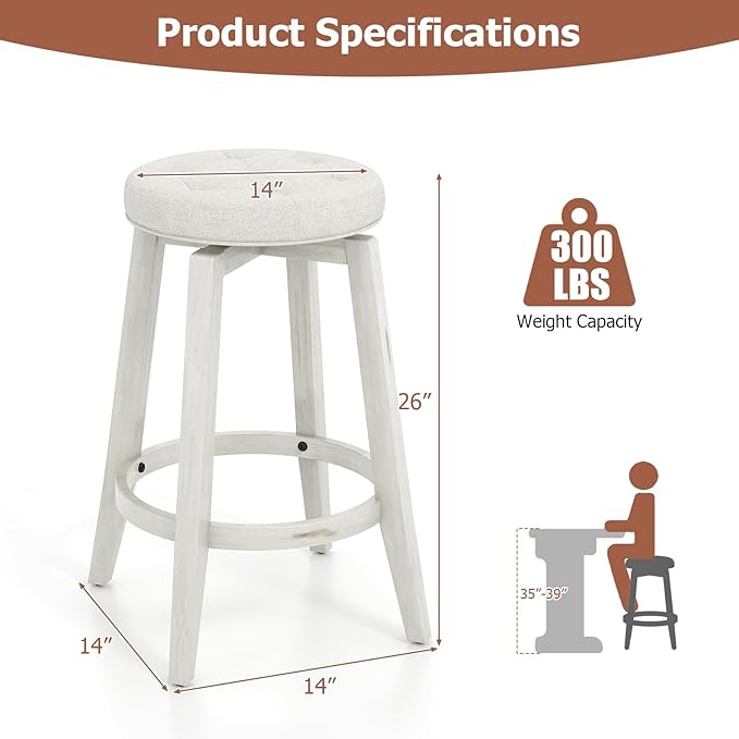 COSTWAY 360° Swivel Bar Stools Set of 2, 30-inch Height Vintage Upholstered Rubberwood Backless Bar Chairs with Footrest, Retro Kitchen Counter Stools for Kitchen Island Dining Room Home Bar, White
