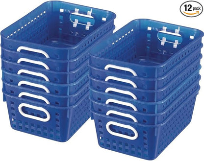 Really Good Stuff Multi-Purpose Plastic Storage Baskets for Classroom or Home Use - Stackable Mesh Plastic Baskets with Grip Handles 11" x 7.5" (Blue - Set of 12)