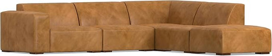 SIMPLIHOME Rex Right Corner Sectional Modular Sofa and Ottoman Set in Full-Grain Genuine Leather, Sienna, 116-inch-wide L-Shaped Leather Sofa and Matching 34-inch-Wide Table Ottoman for Living Room