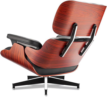 Top Black Grain Leather, Mid Century Chaise Lounge Chair and Ottoman, Modern Chair Classic Design, Heavy Duty Base Support for Living Room Study Lounge Office, Darkrosewood