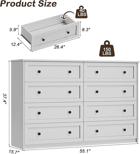 8 Drawer Double Dresser for Bedroom, 55.1" Wide White Dressers & Chests of Drawers with Large Capacity Storage,White Dresser for Bedroom, Hallway