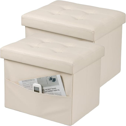 Storage Ottoman Foot Rest Stool, Small Leather Storage Ottomans Bench, Folding Footstool with Side Pockets, Foot Rest Under Desk for Living Room Bedroom, 16x12x12 in, Beige 2 Pack
