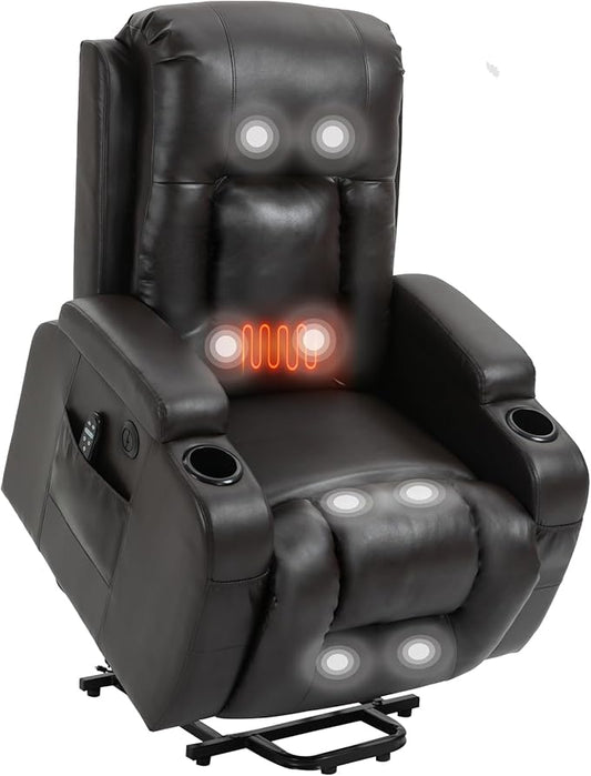 PELUMY Manual Lift Recliner Chair for Elderly with Massage & Heat, Oversized Heavy Duty 350 lbs Recliner with Cup Holders & USB Ports, Infinite Positioning Lift Chair (Breathable Leather, Dark Brown)
