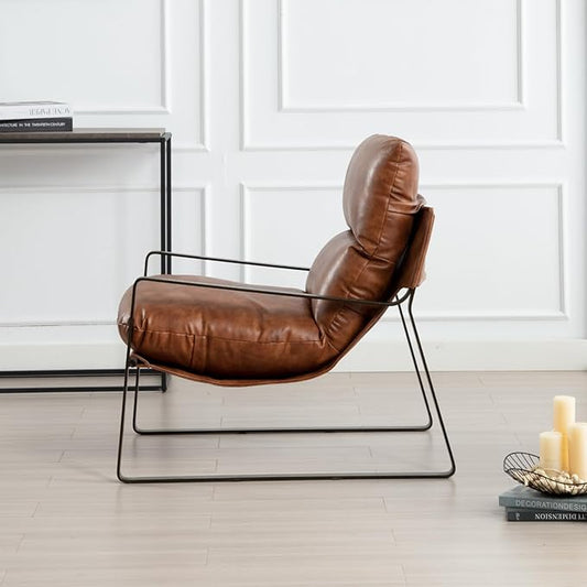 HEAH-YO Modern Accent Chair Set of 1, Upholstered PU Faux Leather Living Room Chair with Bronze Metal Legs, Comfy Arm Side Chair for Bedroom, Brown