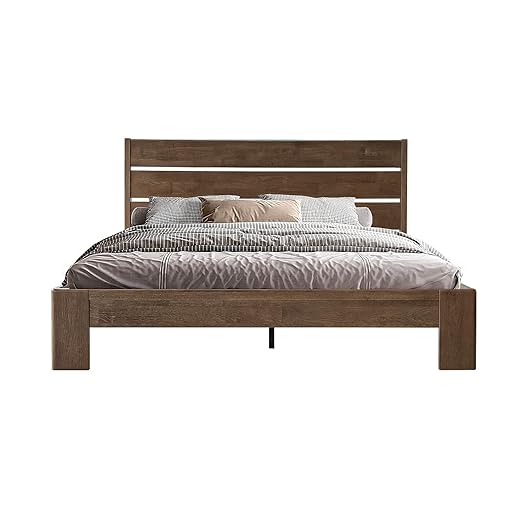 Queen Size Bed Frame with Headboard & Footboard, Solid Wood Platform Bed, Metal Legs, 12 Durable Slatted Structure, No Box Spring Needed, Anti-Slip & Noise-Free, Easy Assembly, Barnwood Finish, QIQ-30