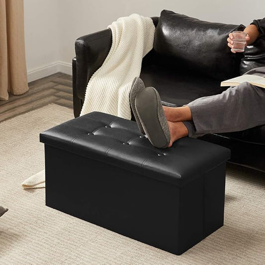 YOUDENOVA 30 inches Folding Storage Ottoman, 85L Storage Ottoman Bench for Living Bedroom and Hallway, Faux Leather Black Footrest with Foam Padded Seat, Black