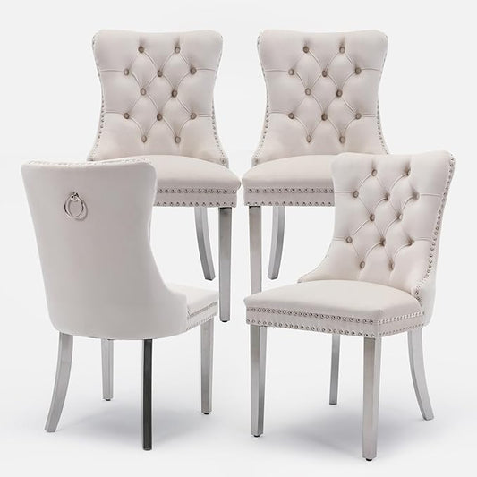 Velvet Upholstered Dining Chairs Set of 4, Modern Style Kitchen Side Chairs with Nailhead Trim and Silver Plated Leg, Metal Pulling Ring for Dining Room Living Room((Creamy White,Set of 4)