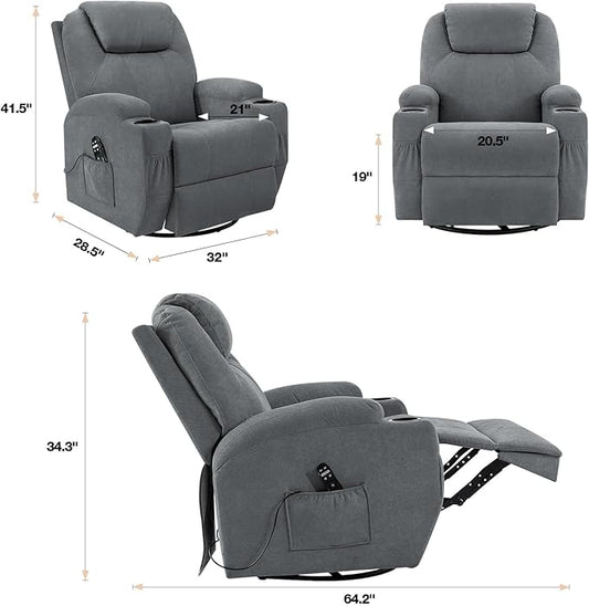 Flamaker Rocking Chair Recliner Chair with Massage Swivel Ergonomic Lounge Chair Classic Single Sofa with 2 Cup Holders Side Pockets Living Room Chair Home Theater Seat (Gray)