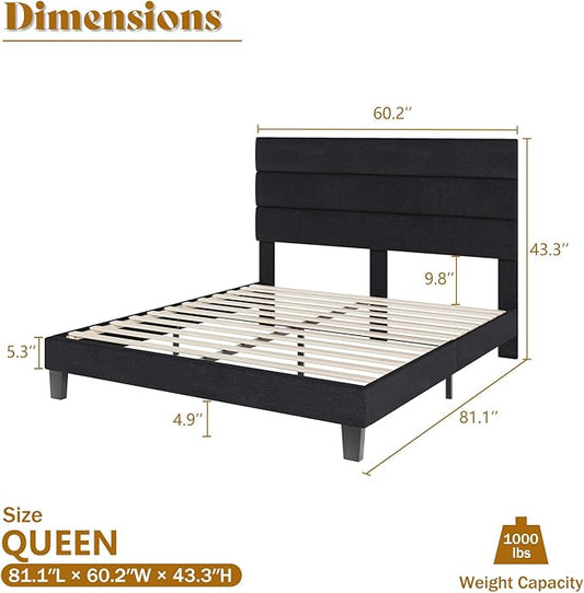 AMERLIFE Queen Size Bed Frame with Linen Upholstered Headboard, Modern Platform Bed with Wooden Slats Support, Noise-Free, No Box Spring Needed, Easy Assembly, Black