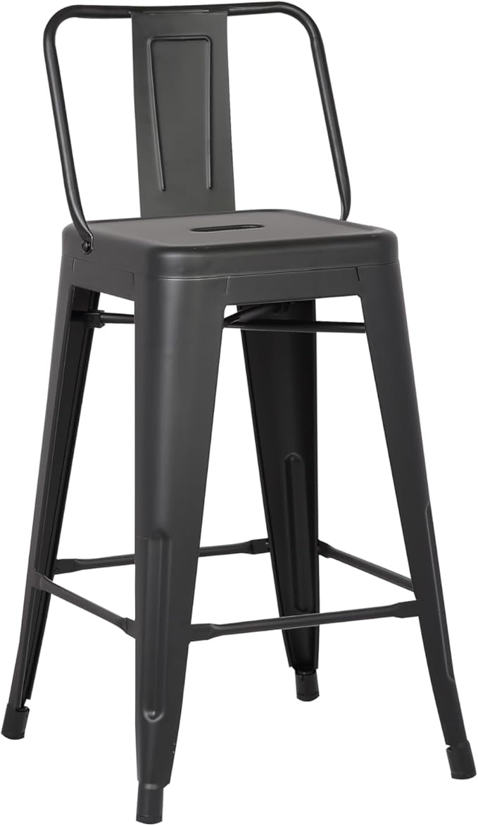 AC Pacific 24” Metal Barstool Set of 2 – Country Rustic Style with Low Back, Lightweight & Sturdy Build, Easy Assembly – Black Matte