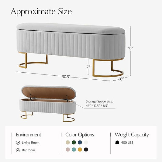 EcoHarbor Living 50.5" Velvet Bedroom Storage Bench Ottoman, Upholstered End of Bed Bench with Gold Legs,Entryway Footrest Seat, Dove