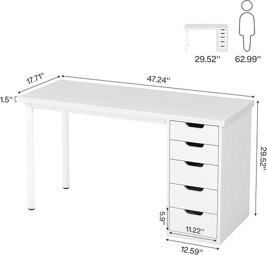 Tribesigns Computer Desk with 5 Drawers, 47 inches Rustic Brown Home Office Desk with Storage, Modern Simple Laptop Desk Study Writing Table for Small Spaces (1, White)