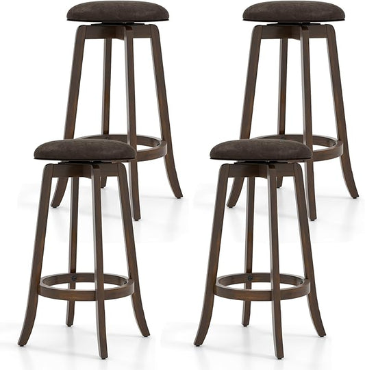 COSTWAY 29-Inch Swivel Bar Stools Set of 4, Upholstered Barstools w/PU Leather Seat & Solid Rubber Wood Legs, Mid-Century Backless Round Bar Height Stools w/Footrest for Kitchen Home Bar