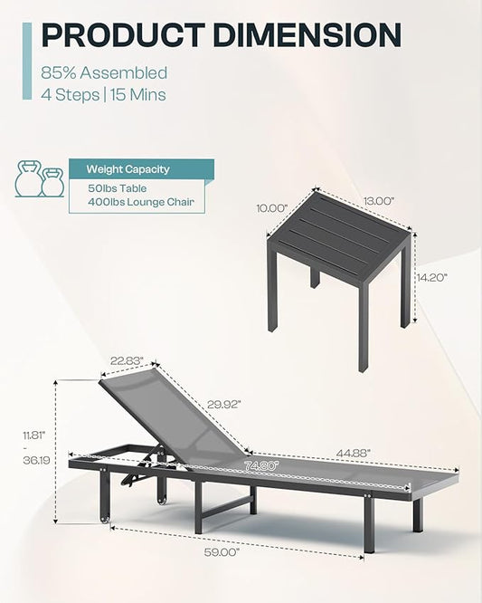 Pool Lounge Chairs Set of 2，Outdoor Lounge Chairs with Wheels and 5-Position Recliner -Easy to Move- Aluminum Patio Lounge Chair for Poolside, Deck (Darkgray)