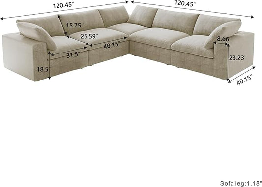 Cloud Couch Modular Sectional Sofa,160.6" Down Filled 5 Seater Convertible Sectional Sofas,V Shaped Couch for Living Room,Covers Washable&Replaceable,(Khkai)