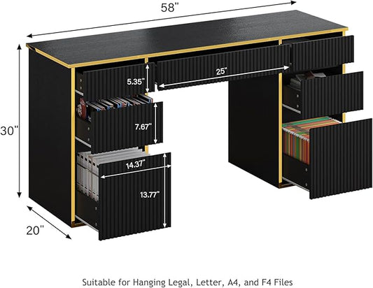 58 Inch Executive Desk with 7 Drawers, Black and Gold Desk with File Drawers for Bedroom, Home Office Desk with Storage for Study, Living Room