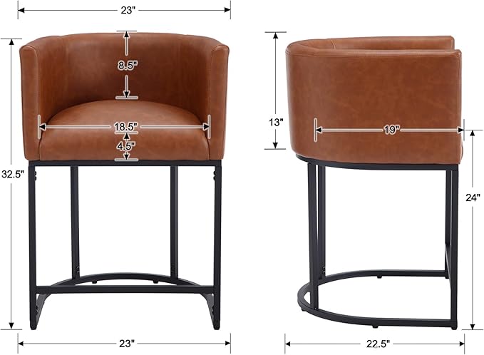 PU Leather Bar Stools, Modern Upholstered Counter Height Bar stools 24" Leather Barstools Barrel Kitchen Counter Island Stools with Black Metal Base, Brown