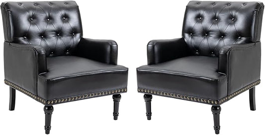 MOJAY Faux Leather Accent Chair Set of 2, Mid-Century Modern Living Room Chair Lounge Study Sofa Chair with Sturdy Wood Legs, Club Chair Armchair for Bedroom Home Study Reception (Black)
