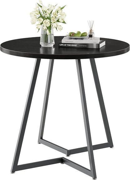 VECELO Round Dining Room Table with Wood Grain Tabletop and Steel Frame, for Kitchen, Living Room, Office, Conference, 2 to 4 Person, Black