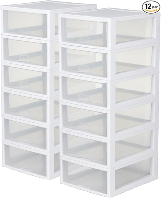 Sterilite 12-Pack 16 Quart Stacking Drawer, Clear Storage Closet Organizer, White Frame - Stackable Modular Plastic Drawers for Clothes, Accessories, Craft Supplies, Shoes or Linens
