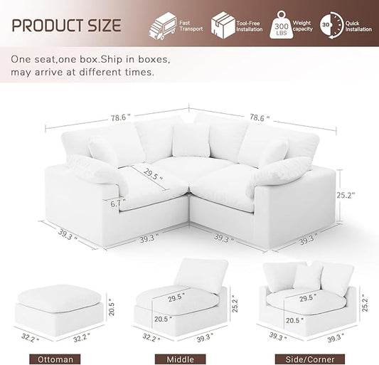 Cloud Modular Sectional Sofa,78.6" V Shape 3 Seater with Corner Down Filled Comfy Sofa,Modern Deep Seat Cloud Couch,Detachable Couch Cushion Covers for Living Room,White