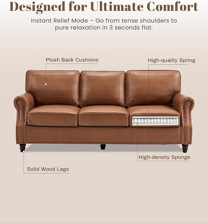 Kingfun 3 Seater Sofa, Mid-Century Modern Faux Leather Couch Set for Living Room, Brown with Rolled Arms & Nailhead Trim, Easy Assembly